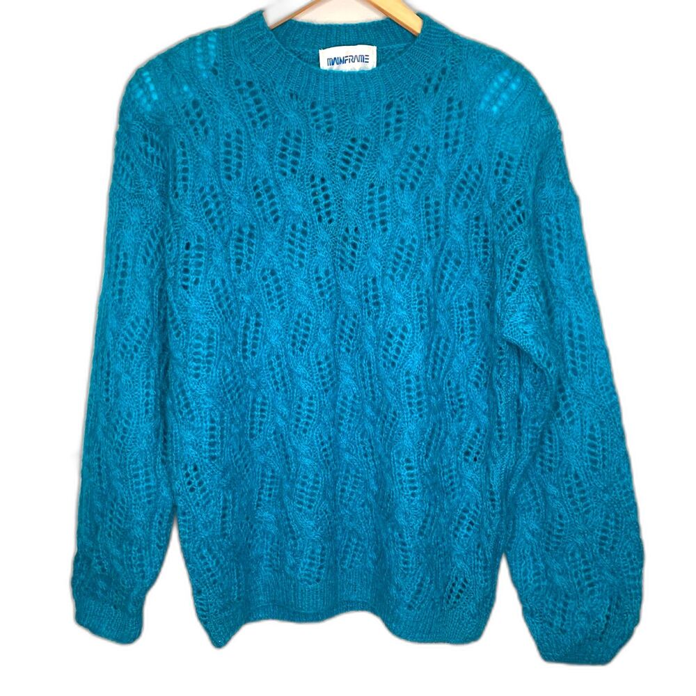 Vintage Mainframe Mohair‎ Sweater Open Weave Large Dark Turquoise